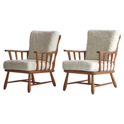 Pinewood & Sheepskin Lounge Chairs, Sweden, 1940s, Set of 2-WRF-1290106