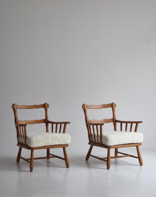 Pinewood & Sheepskin Lounge Chairs, Sweden, 1940s, Set of 2-WRF-1290106