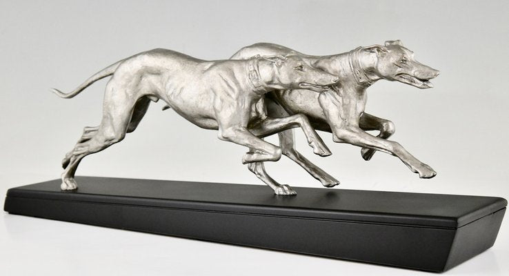 Plagnet, Art Deco Sculpture of Greyhounds, 1930, Metal & Marble-KTN-1730003