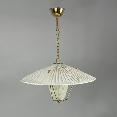 Pleated Cream Fabric, Enameled Glass & Brass Pendant, Austria, 1950s-OE-2028675