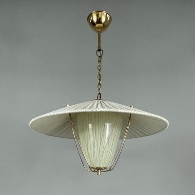 Pleated Cream Fabric, Enameled Glass & Brass Pendant, Austria, 1950s-OE-2028675