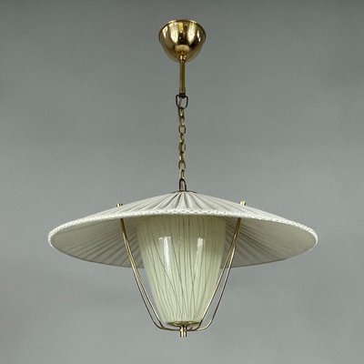 Pleated Cream Fabric, Enameled Glass & Brass Pendant, Austria, 1950s-OE-2028675