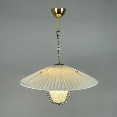 Pleated Cream Fabric, Enameled Glass & Brass Pendant, Austria, 1950s-OE-2028675