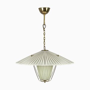 Pleated Cream Fabric, Enameled Glass & Brass Pendant, Austria, 1950s-OE-2028675