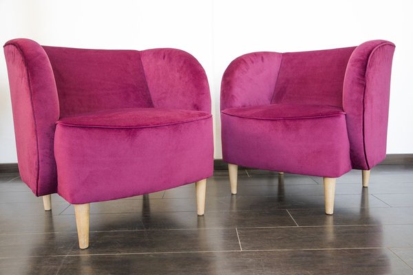 Plum Velvet Lounge Chairs with Maple Cone Feet from ISA Bergamo, 1950s, Set of 2-KY-887972