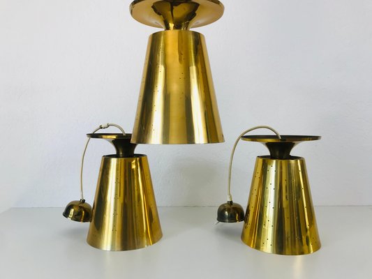 Polished Brass Pendant Lamps Attributed to Paavo Tynell, 1950s, Set of 3-PUK-688008