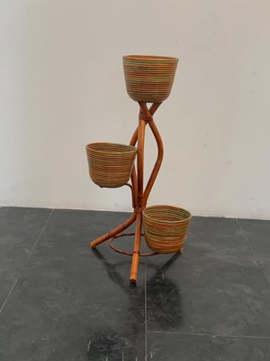 Polychrome Wicker and Bamboo Vase Holder Tripods, 1970s-IJR-1382795