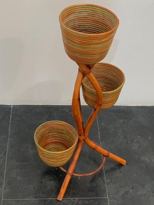 Polychrome Wicker and Bamboo Vase Holder Tripods, 1970s-IJR-1382795