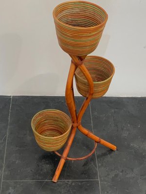 Polychrome Wicker and Bamboo Vase Holder Tripods, 1970s-IJR-1382795