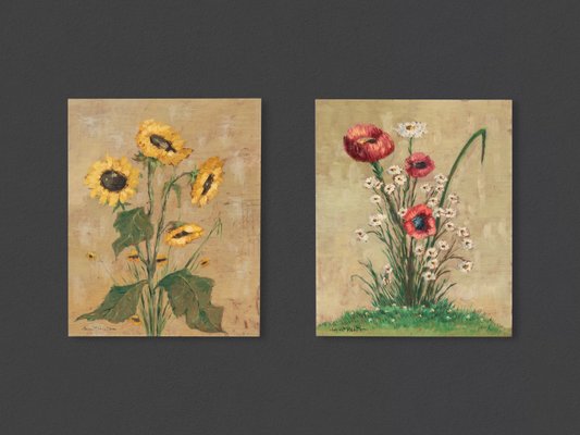 Poppy and Sunflowers, 1960s, Oil Paintings on Plate, Framed, Set of 2-GPP-1126468