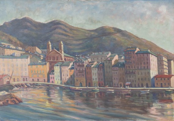 Port Scene with Fishing Boats and Mountains, 1940s, Oil on Board-AOI-1106978