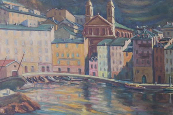 Port Scene with Fishing Boats and Mountains, 1940s, Oil on Board-AOI-1106978