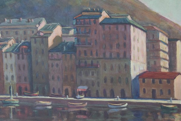 Port Scene with Fishing Boats and Mountains, 1940s, Oil on Board-AOI-1106978