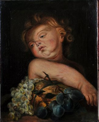 Portrait of a Putto with Fruit, 19th Century, Oil on Canvas-QOR-2023506