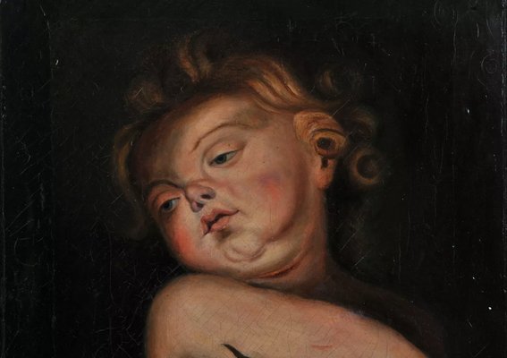 Portrait of a Putto with Fruit, 19th Century, Oil on Canvas-QOR-2023506