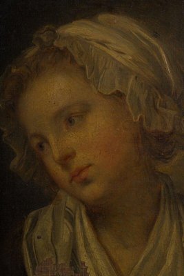 Portrait of a Young Girl with a 19th Century Headdress, Oil on Canvas, Framed-QKG-2042747