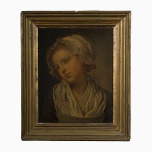 Portrait of a Young Girl with a 19th Century Headdress, Oil on Canvas, Framed-QKG-2042747