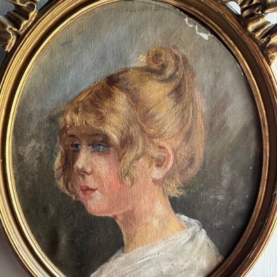 Portrait Of A Young Girl with Blond Hair, Oil On Cardboard, Framed-QKG-2019601