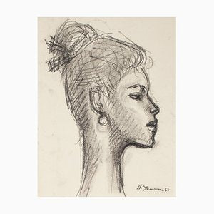 Portrait of Woman - Pencil and Charcoal Drawing by H. Yencesse - 1951 1951-ZCI-758338