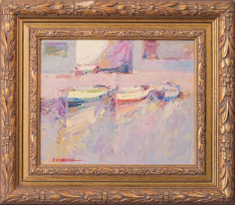 Post Impressionist Fishing Boats, 20th-Century, Oil on Board, Framed-AOI-1106684