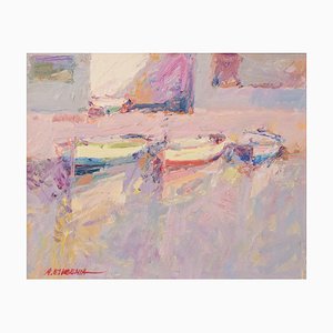 Post Impressionist Fishing Boats, 20th-Century, Oil on Board, Framed-AOI-1106684