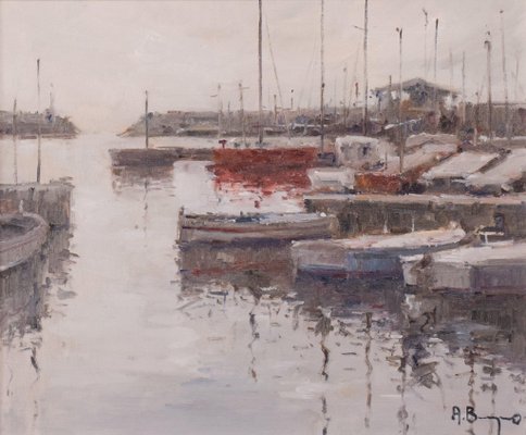 Post Impressionist Harbour with Fishing Boats, Oil on Canvas, Framed-AOI-1106623