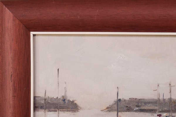 Post Impressionist Harbour with Fishing Boats, Oil on Canvas, Framed-AOI-1106623