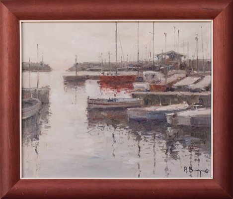 Post Impressionist Harbour with Fishing Boats, Oil on Canvas, Framed-AOI-1106623