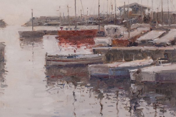 Post Impressionist Harbour with Fishing Boats, Oil on Canvas, Framed-AOI-1106623