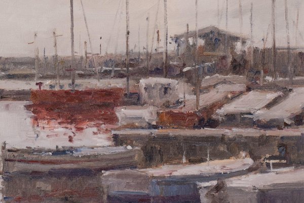 Post Impressionist Harbour with Fishing Boats, Oil on Canvas, Framed-AOI-1106623