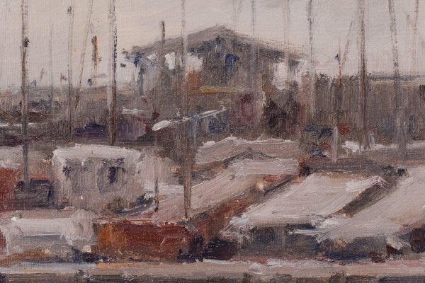 Post Impressionist Harbour with Fishing Boats, Oil on Canvas, Framed-AOI-1106623