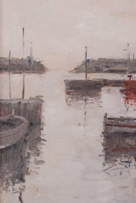 Post Impressionist Harbour with Fishing Boats, Oil on Canvas, Framed-AOI-1106623