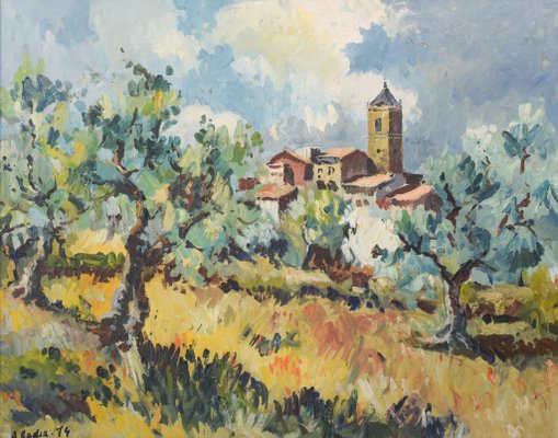 Post Impressionist Landscape with Olive Trees and Village Church, 1974, Oil on Canvas, Framed-AOI-1355700