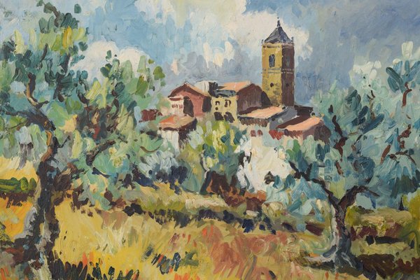 Post Impressionist Landscape with Olive Trees and Village Church, 1974, Oil on Canvas, Framed-AOI-1355700