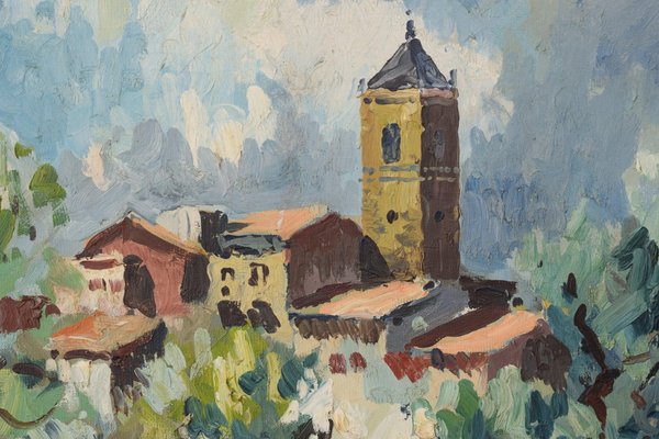 Post Impressionist Landscape with Olive Trees and Village Church, 1974, Oil on Canvas, Framed-AOI-1355700