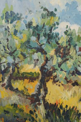 Post Impressionist Landscape with Olive Trees and Village Church, 1974, Oil on Canvas, Framed-AOI-1355700