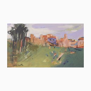 Post Impressionist Landscape with Village, Oil on Canvas, Framed-AOI-1124233