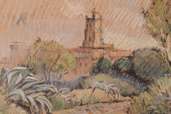 Post Impressionist Sketch of a Church in a Landscape, 20th-Century, Pastel Crayon and Pencil on Paper, Framed-AOI-1106763