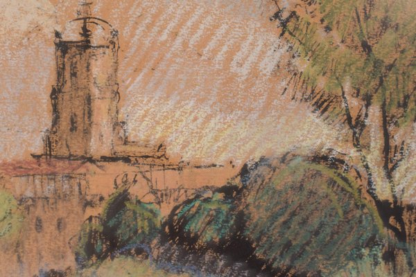 Post Impressionist Sketch of a Church in a Landscape, 20th-Century, Pastel Crayon and Pencil on Paper, Framed-AOI-1106763