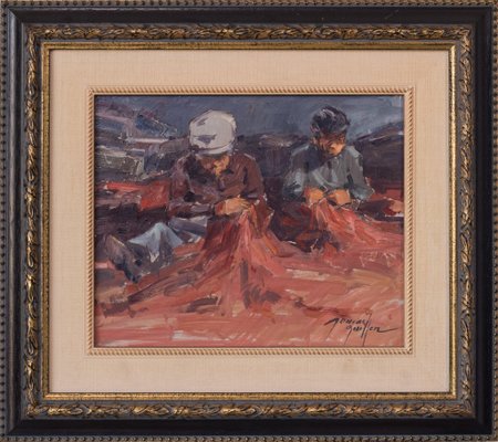 Post Impressionist Study, Fishermen Repairing Nets, 20th-Century, Oil on Board, Framed-AOI-1196870