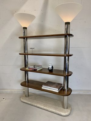 Post Modern Italian Travertine, Wood and Polished Stainless Steel Bookcase-IEI-1153861