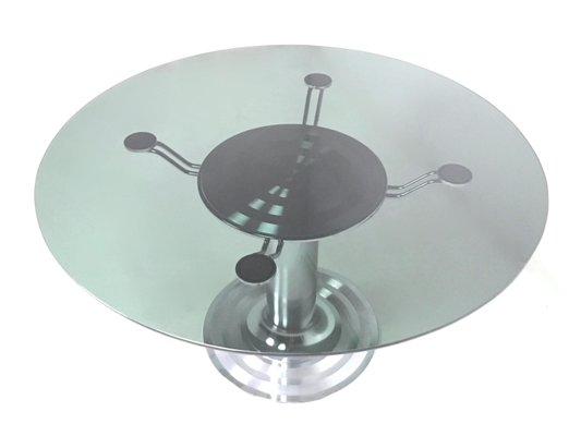 Postmodern Chromed Metal Dining Table with Round Tempered Glass Top, Italy, 1970s-JPQ-2035644