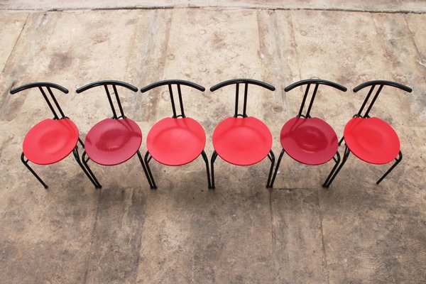 Postmodern Dining Table Chairs with Red Seat, 1990s, Set of 6-EZZ-1821975