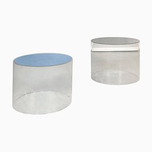 Postmodern Italian Grey and Blue Acrylic Glass Cylindrical Coffee Tables, 2000s, Set of 2-GDD-1385870