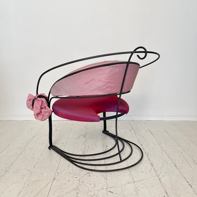 Postmodern Sculptural Armchair in Black Metal and Pink Red Silk Padding, 1980-FB-1432054