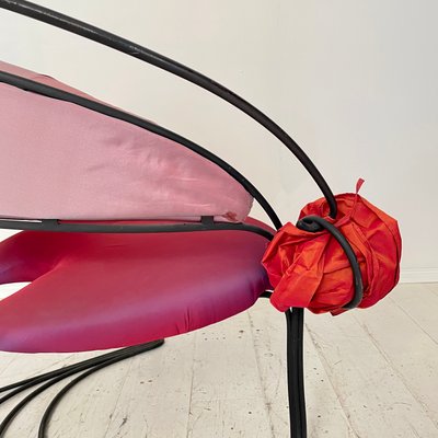 Postmodern Sculptural Armchair in Black Metal and Pink Red Silk Padding, 1980-FB-1432054