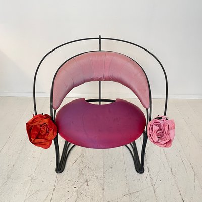 Postmodern Sculptural Armchair in Black Metal and Pink Red Silk Padding, 1980-FB-1432054