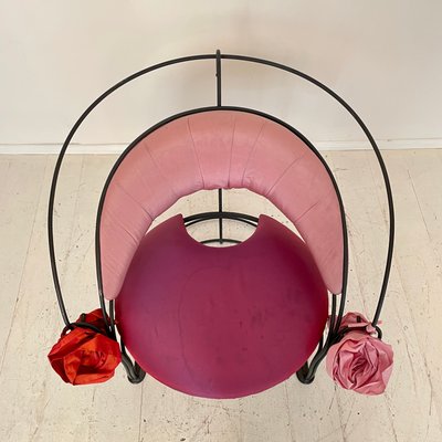 Postmodern Sculptural Armchair in Black Metal and Pink Red Silk Padding, 1980-FB-1432054