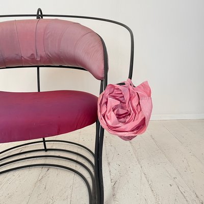 Postmodern Sculptural Armchair in Black Metal and Pink Red Silk Padding, 1980-FB-1432054