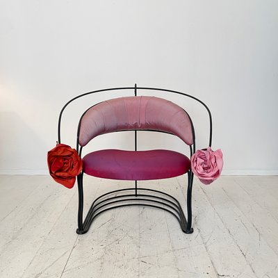 Postmodern Sculptural Armchair in Black Metal and Pink Red Silk Padding, 1980-FB-1432054